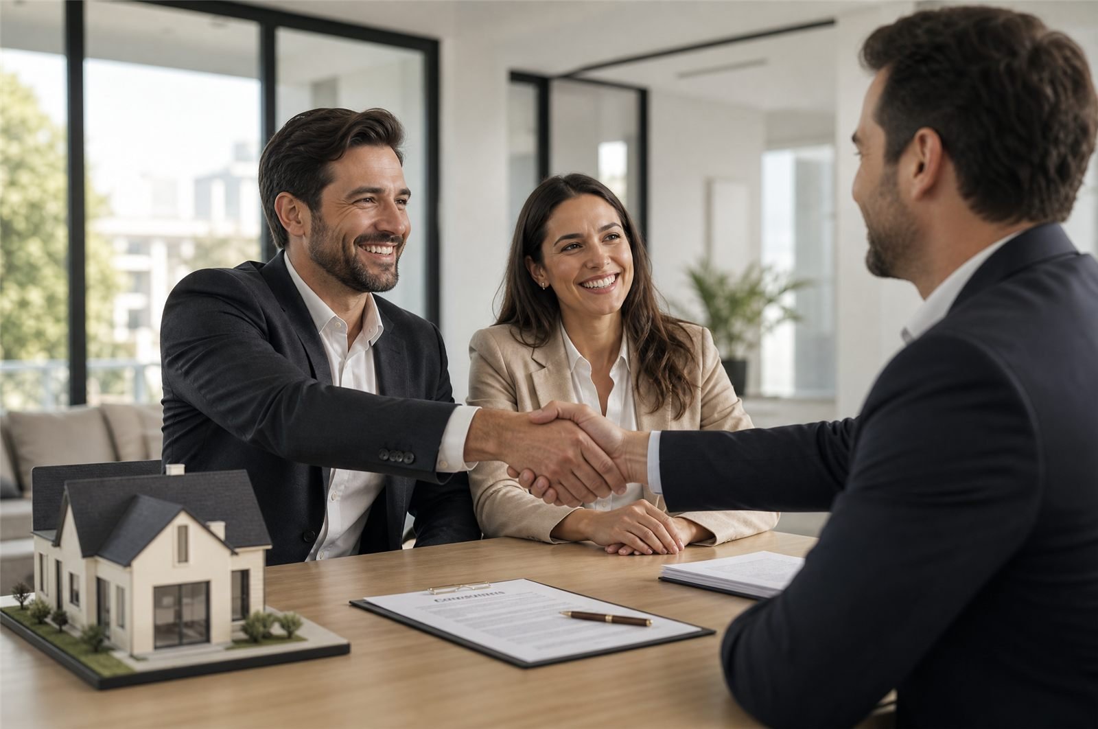 Home sellers shaking hands with their agent at closing